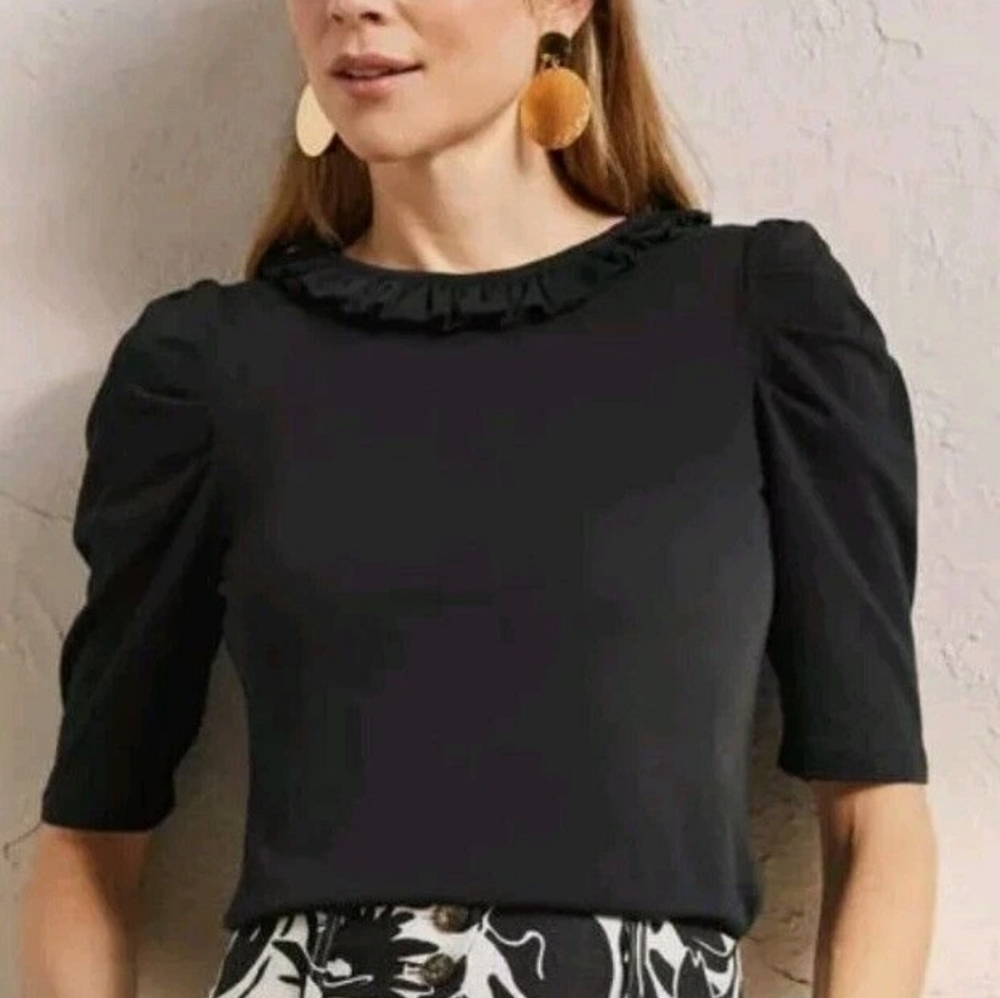 Boden Elegant Black Ruffle Neck Women's Top Euc!